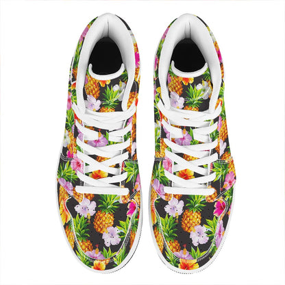 Aloha Hibiscus Pineapple Pattern Print High Top Leather Sneakers