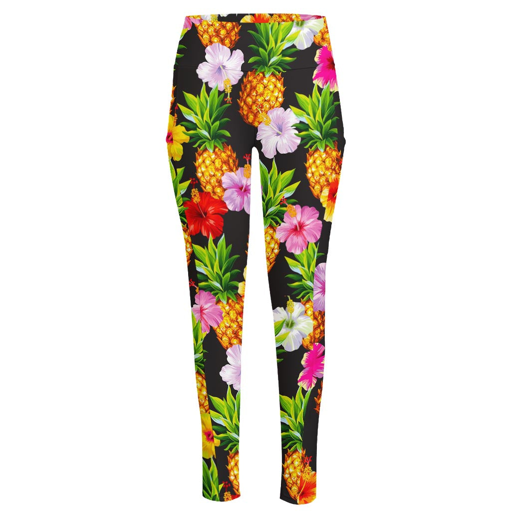 Aloha Hibiscus Pineapple Pattern Print High-Waisted Pocket Leggings