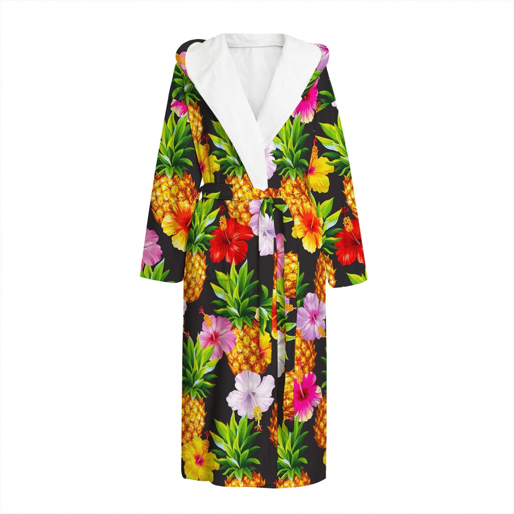 Aloha Hibiscus Pineapple Pattern Print Hooded Bathrobe