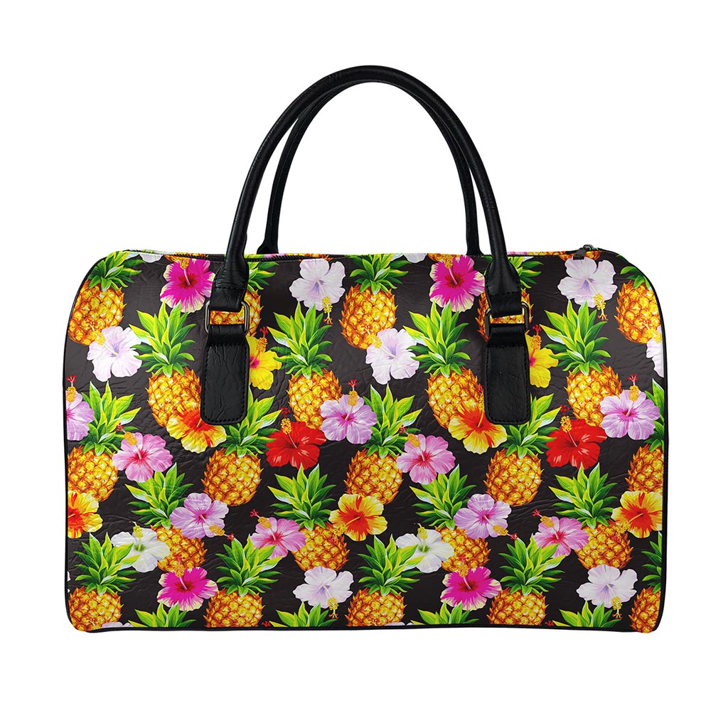 Aloha Hibiscus Pineapple Pattern Print Leather Duffle Bag