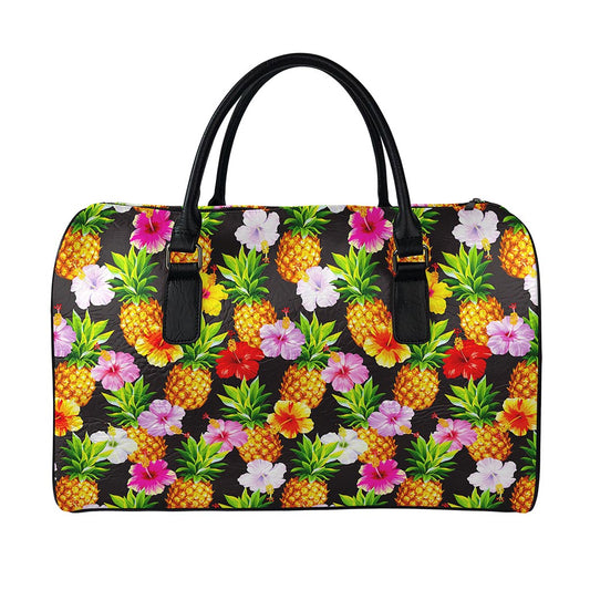 Aloha Hibiscus Pineapple Pattern Print Leather Duffle Bag