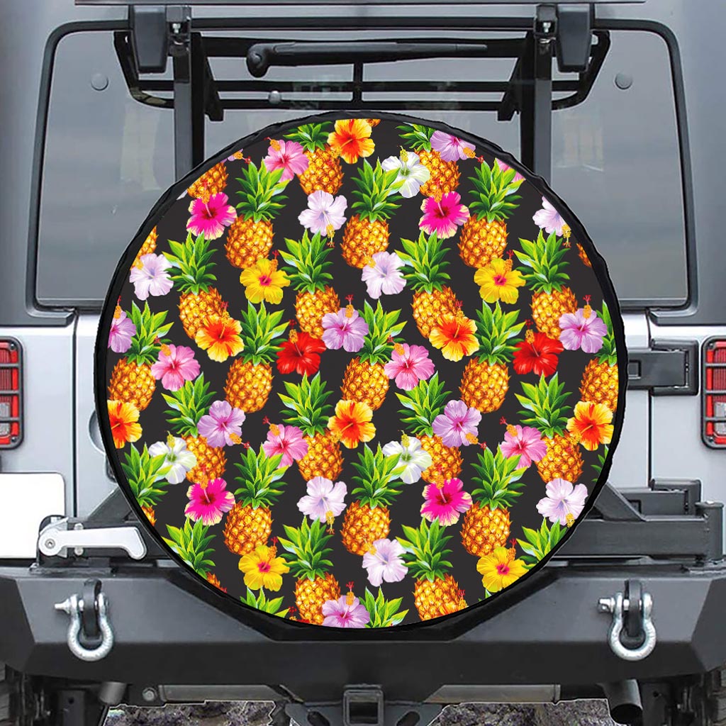 Aloha Hibiscus Pineapple Pattern Print Leather Spare Tire Cover