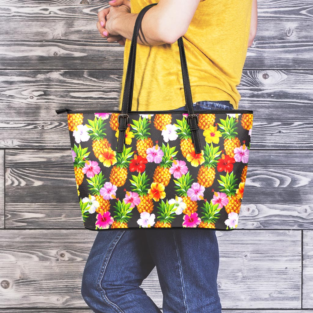 Aloha Hibiscus Pineapple Pattern Print Leather Tote Bag