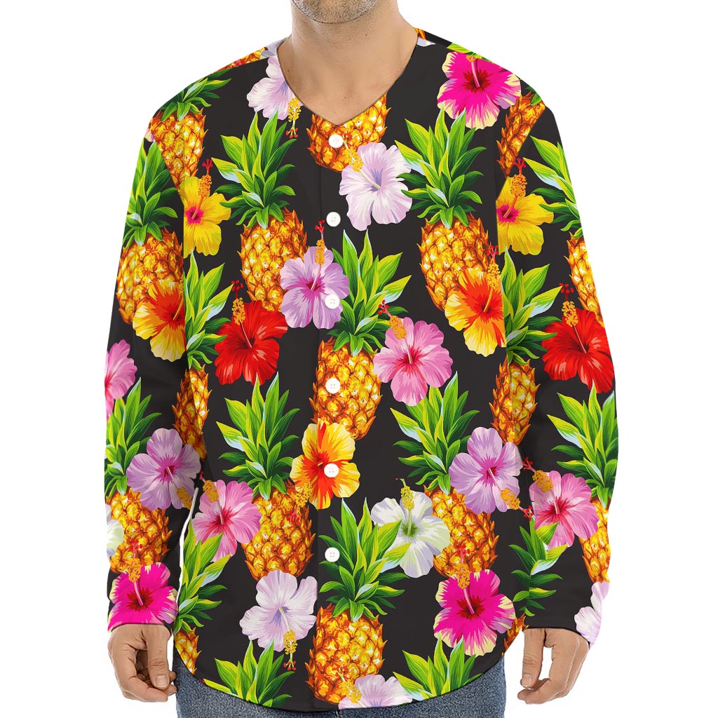 Aloha Hibiscus Pineapple Pattern Print Long Sleeve Baseball Jersey