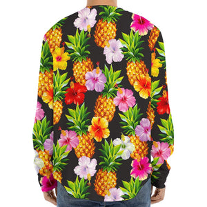 Aloha Hibiscus Pineapple Pattern Print Long Sleeve Baseball Jersey