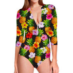 Aloha Hibiscus Pineapple Pattern Print Long Sleeve Swimsuit