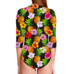 Aloha Hibiscus Pineapple Pattern Print Long Sleeve Swimsuit