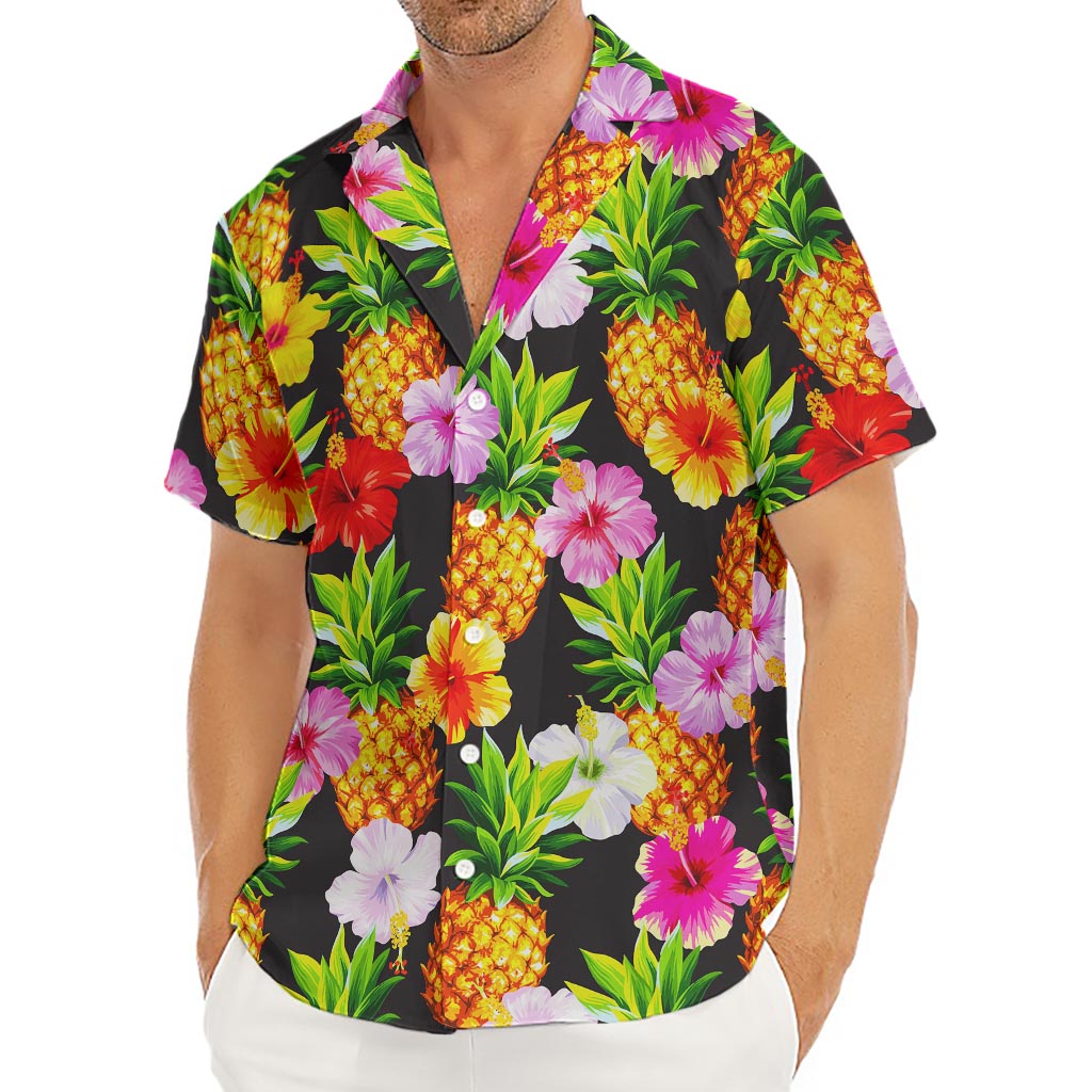 Aloha Hibiscus Pineapple Pattern Print Men's Deep V-Neck Shirt