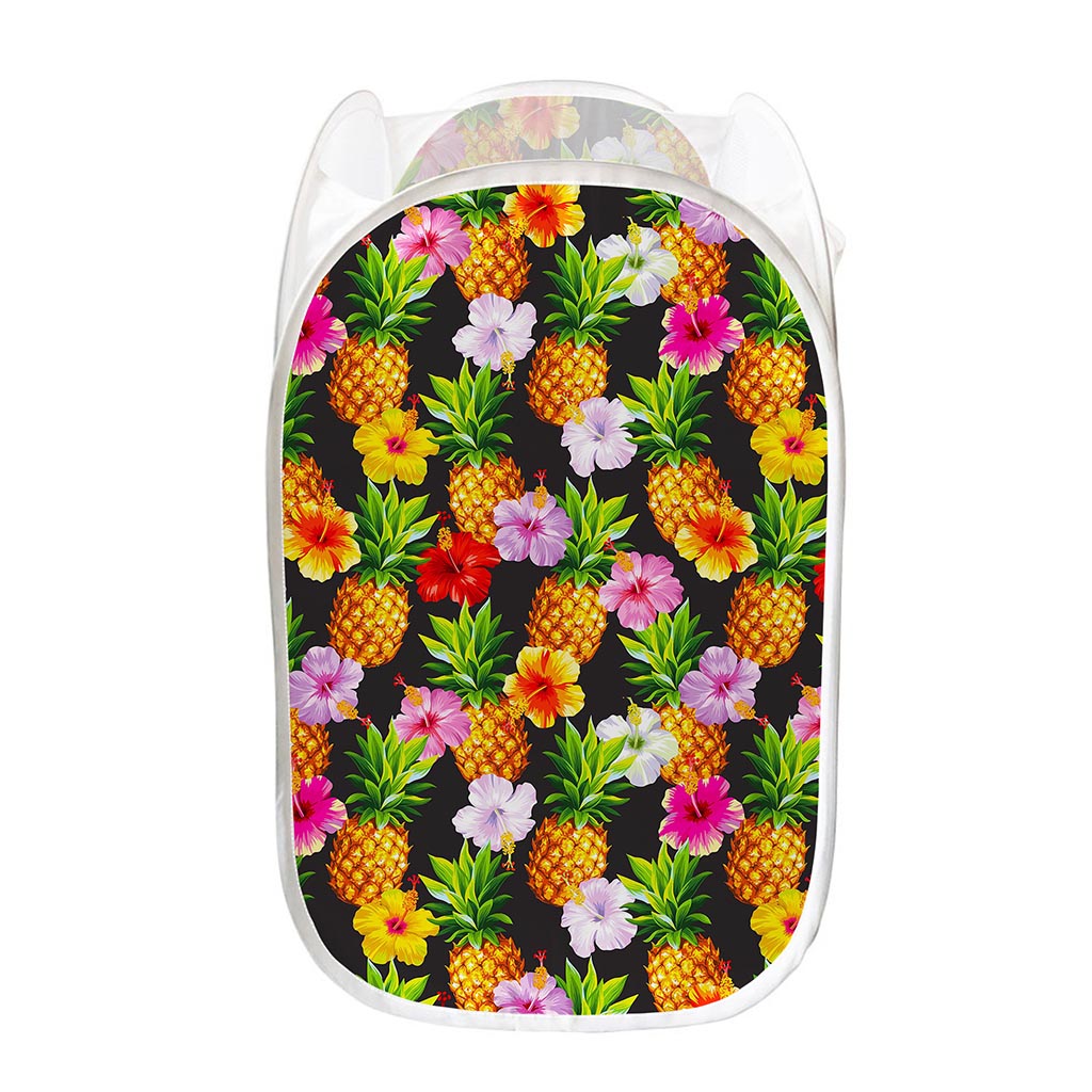 Aloha Hibiscus Pineapple Pattern Print Mesh Laundry Hamper
