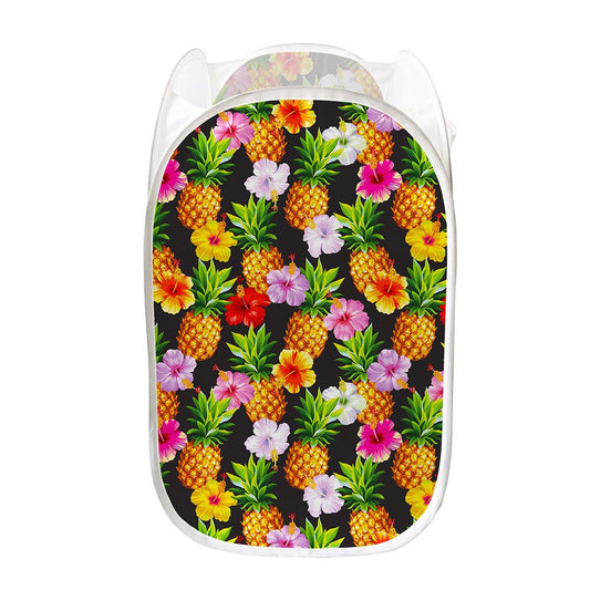 Aloha Hibiscus Pineapple Pattern Print Mesh Laundry Hamper