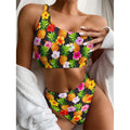 Aloha Hibiscus Pineapple Pattern Print One Shoulder Bikini Set