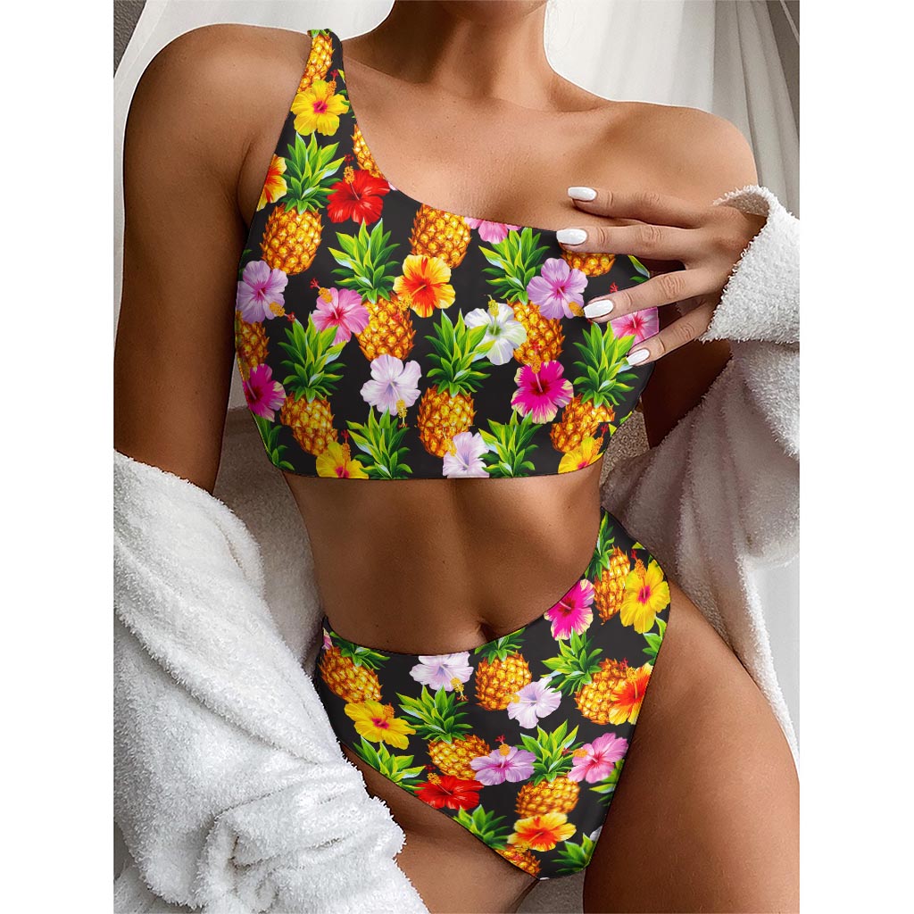 Aloha Hibiscus Pineapple Pattern Print One Shoulder Bikini Top