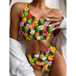 Aloha Hibiscus Pineapple Pattern Print One Shoulder Bikini Top