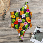 Aloha Hibiscus Pineapple Pattern Print One Shoulder Bodysuit