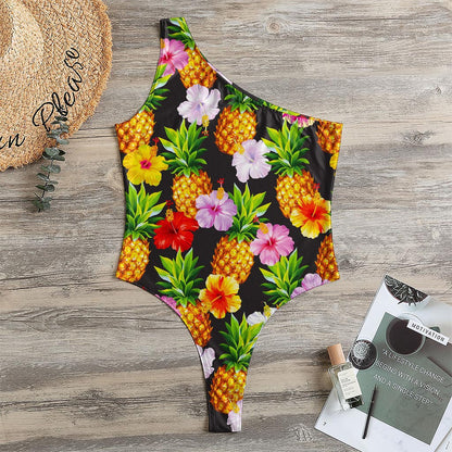 Aloha Hibiscus Pineapple Pattern Print One Shoulder Bodysuit