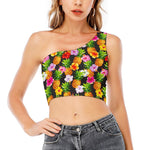 Aloha Hibiscus Pineapple Pattern Print One Shoulder Crop Top