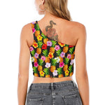 Aloha Hibiscus Pineapple Pattern Print One Shoulder Crop Top
