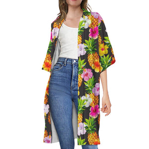 Aloha Hibiscus Pineapple Pattern Print Open Front Beach Cover Up