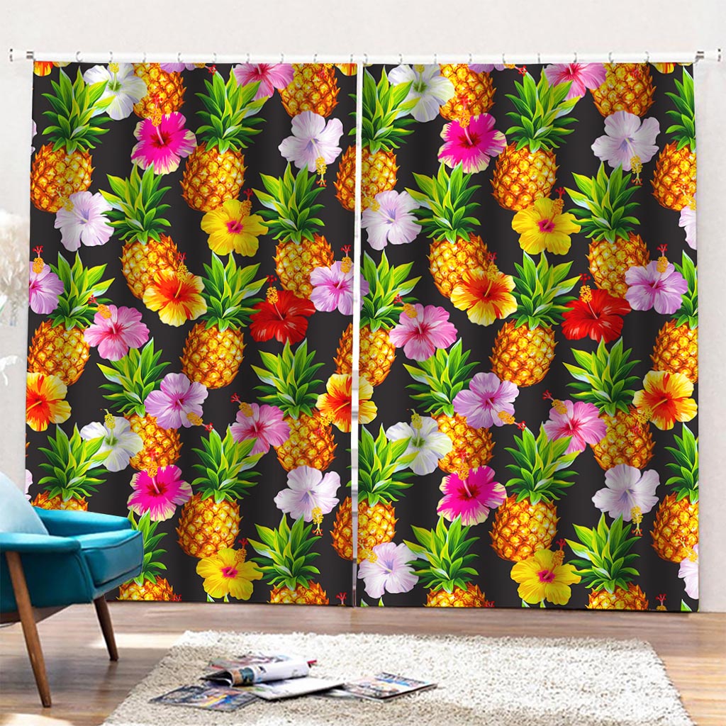 Aloha Hibiscus Pineapple Pattern Print Pencil Pleat Curtains