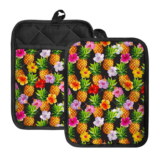 Aloha Hibiscus Pineapple Pattern Print Pot Holders With Pocket