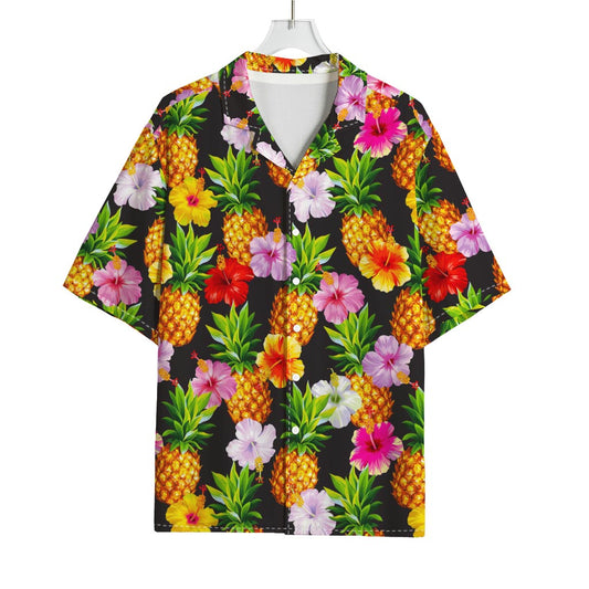 Aloha Hibiscus Pineapple Pattern Print Rayon Hawaiian Shirt