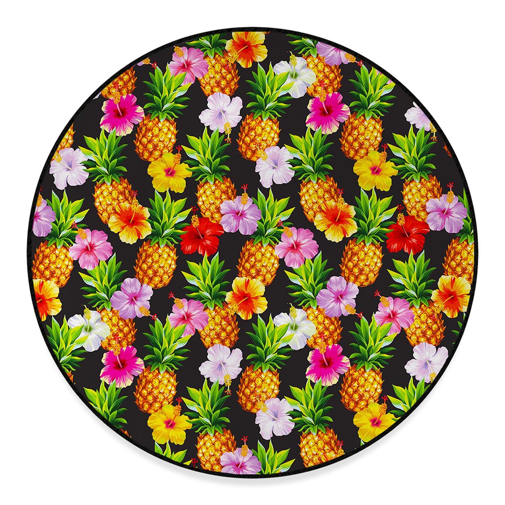 Aloha Hibiscus Pineapple Pattern Print Round Floor Mat