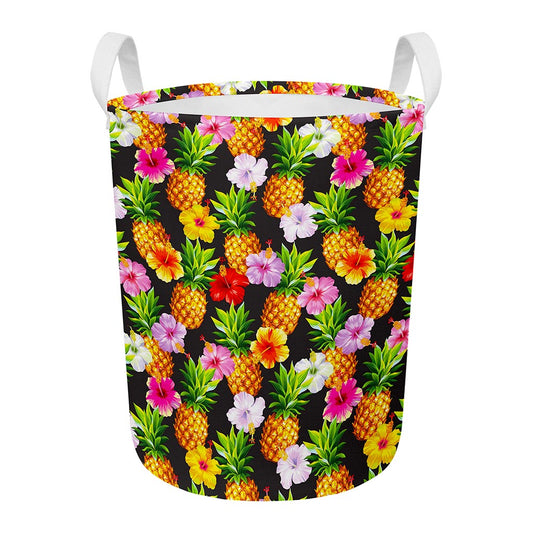 Aloha Hibiscus Pineapple Pattern Print Round Laundry Basket
