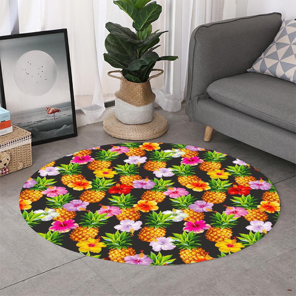 Aloha Hibiscus Pineapple Pattern Print Round Rug