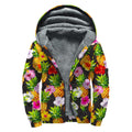 Aloha Hibiscus Pineapple Pattern Print Sherpa Lined Zip Up Hoodie