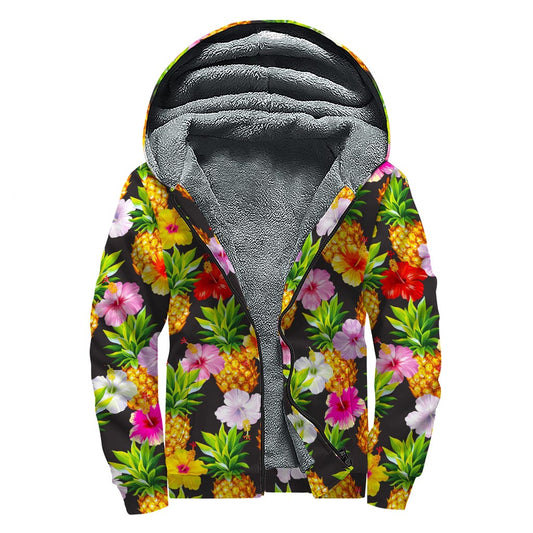 Aloha Hibiscus Pineapple Pattern Print Sherpa Lined Zip Up Hoodie