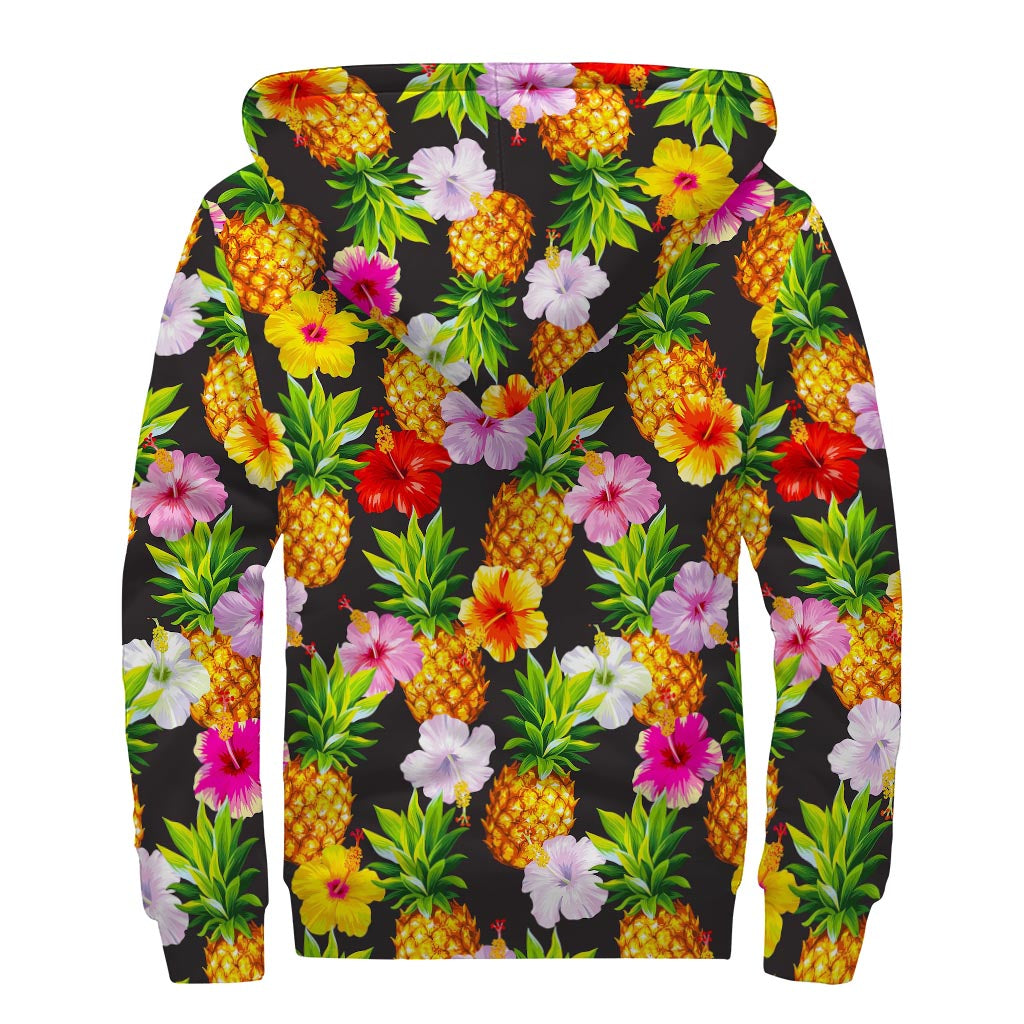 Aloha Hibiscus Pineapple Pattern Print Sherpa Lined Zip Up Hoodie