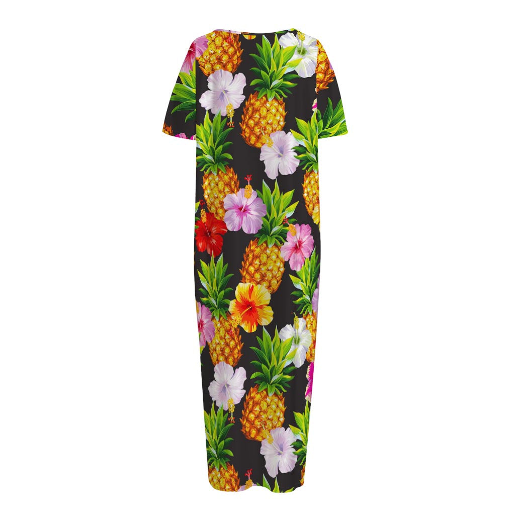 Aloha Hibiscus Pineapple Pattern Print Short Sleeve Long Nightdress