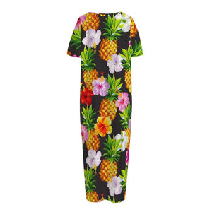 Aloha Hibiscus Pineapple Pattern Print Short Sleeve Long Nightdress