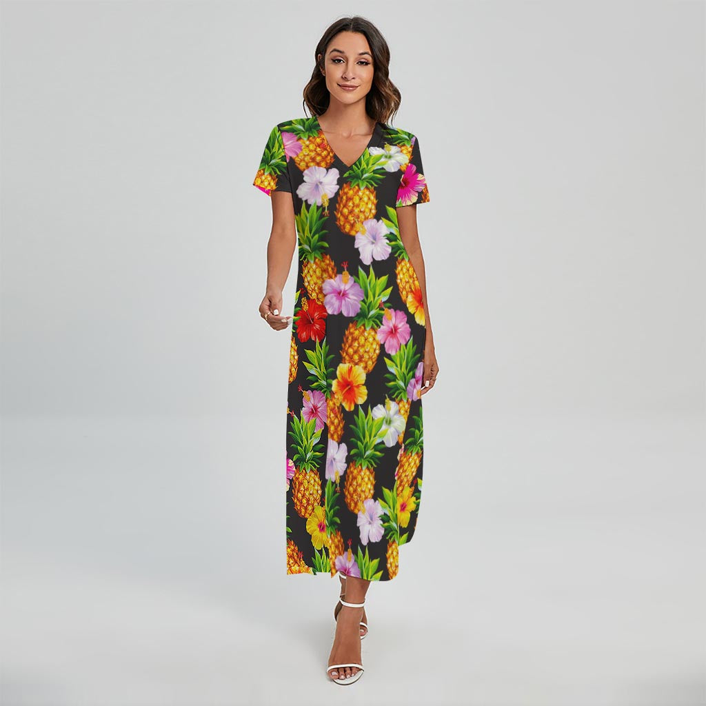 Aloha Hibiscus Pineapple Pattern Print Short Sleeve Maxi Dress