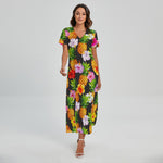 Aloha Hibiscus Pineapple Pattern Print Short Sleeve Maxi Dress