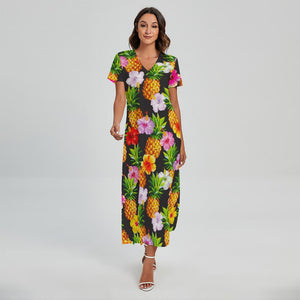 Aloha Hibiscus Pineapple Pattern Print Short Sleeve Maxi Dress