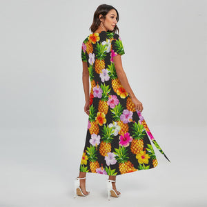 Aloha Hibiscus Pineapple Pattern Print Short Sleeve Maxi Dress