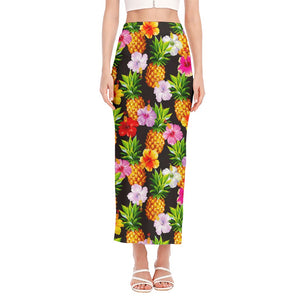 Aloha Hibiscus Pineapple Pattern Print Side Slit Maxi Skirt