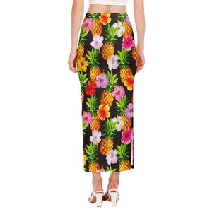 Aloha Hibiscus Pineapple Pattern Print Side Slit Maxi Skirt