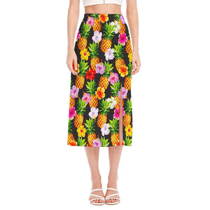 Aloha Hibiscus Pineapple Pattern Print Side Slit Midi Skirt