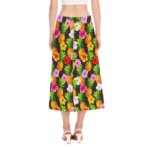 Aloha Hibiscus Pineapple Pattern Print Side Slit Midi Skirt