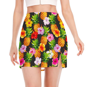 Aloha Hibiscus Pineapple Pattern Print Side Slit Mini Skirt