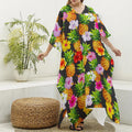 Aloha Hibiscus Pineapple Pattern Print Silk V-Neck Kaftan Dress