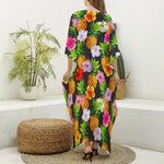 Aloha Hibiscus Pineapple Pattern Print Silk V-Neck Kaftan Dress