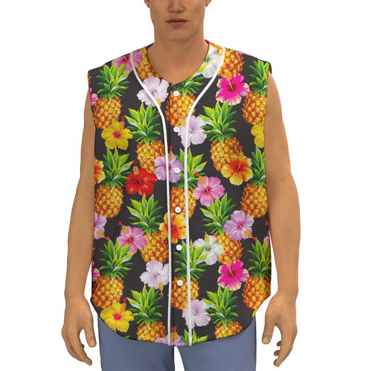 Aloha Hibiscus Pineapple Pattern Print Sleeveless Baseball Jersey