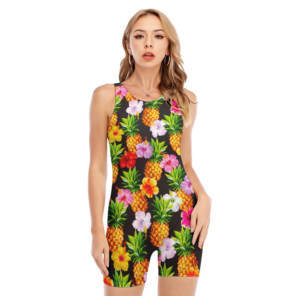 Aloha Hibiscus Pineapple Pattern Print Sleeveless One Piece Swimsuit