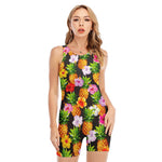 Aloha Hibiscus Pineapple Pattern Print Sleeveless One Piece Swimsuit