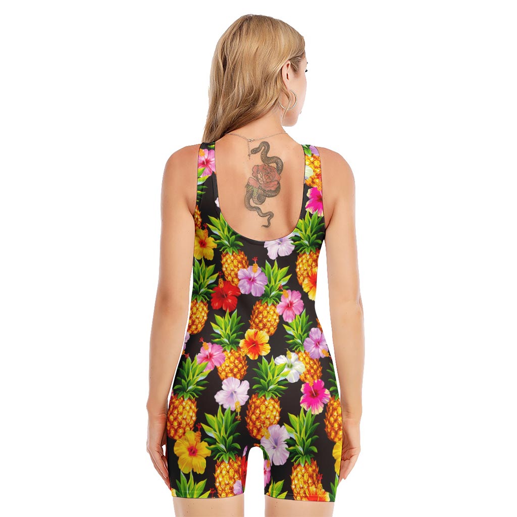 Aloha Hibiscus Pineapple Pattern Print Sleeveless One Piece Swimsuit