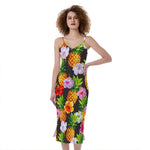 Aloha Hibiscus Pineapple Pattern Print Slim Fit Midi Cami Dress
