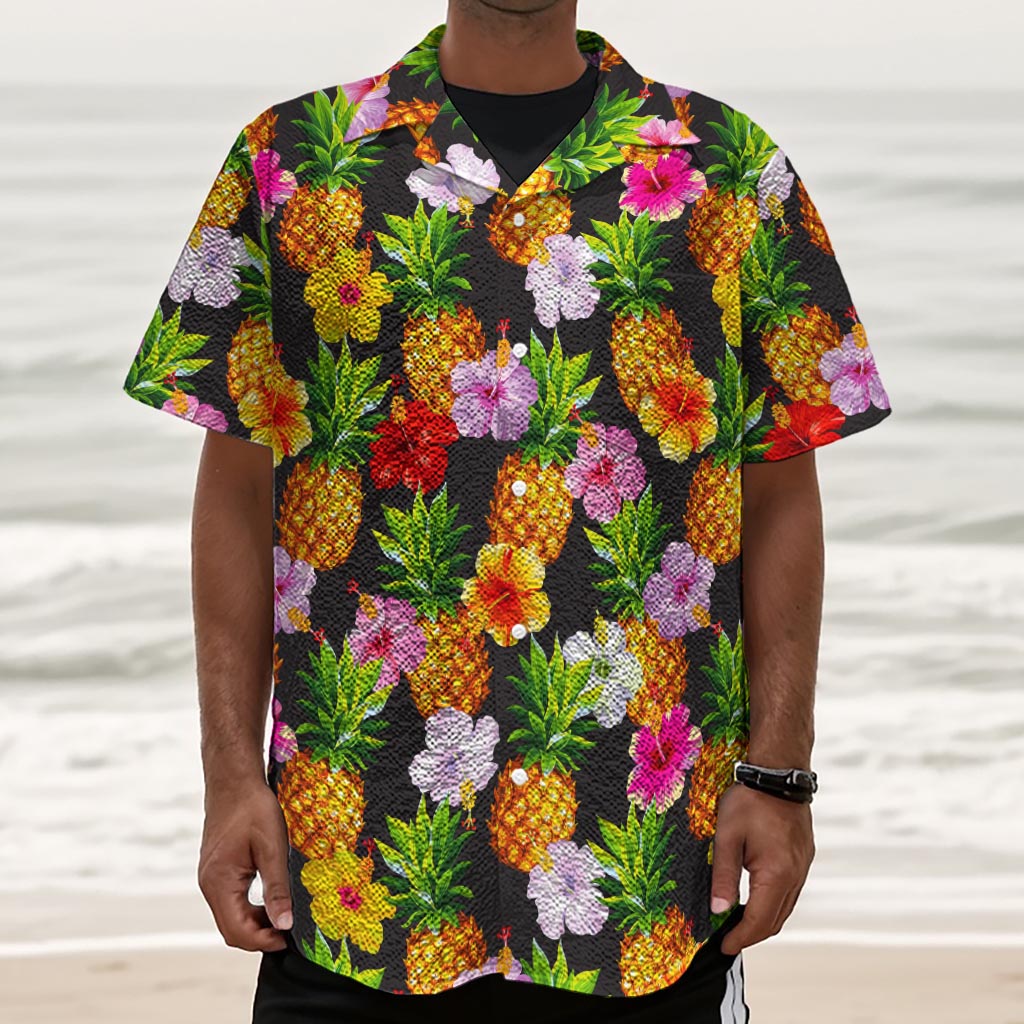 Aloha Hibiscus Pineapple Pattern Print Textured Short Sleeve Shirt